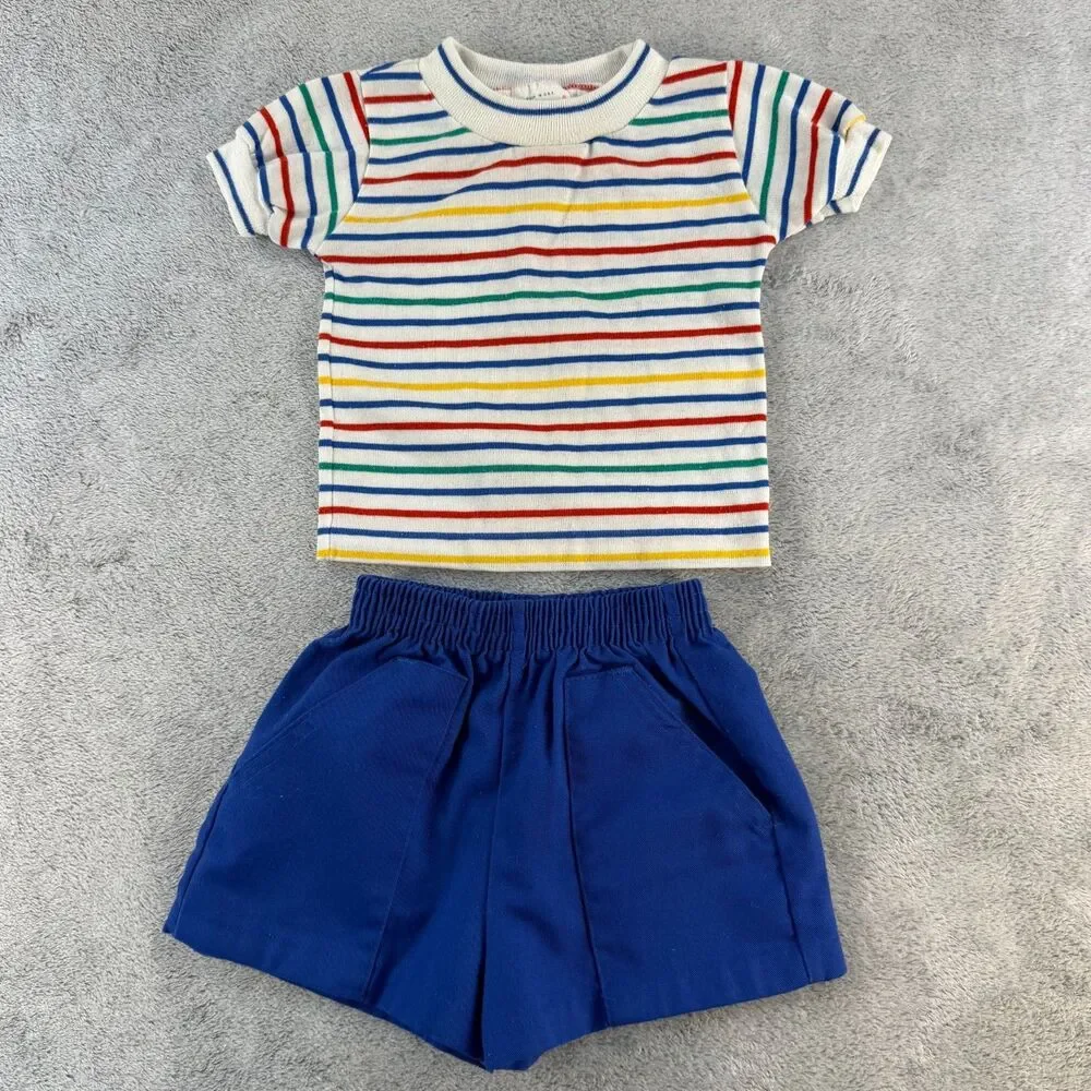 Vintage 70s Health-Tex Baby Toddler Outfit 2pc Striped Shirt Shorts USA Made